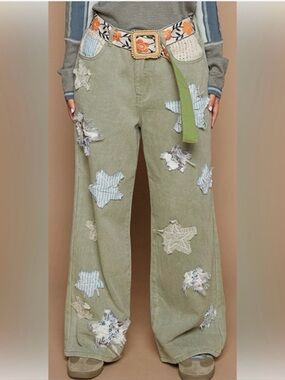 POL Olive Green Wide-Leg Star Patch Pants